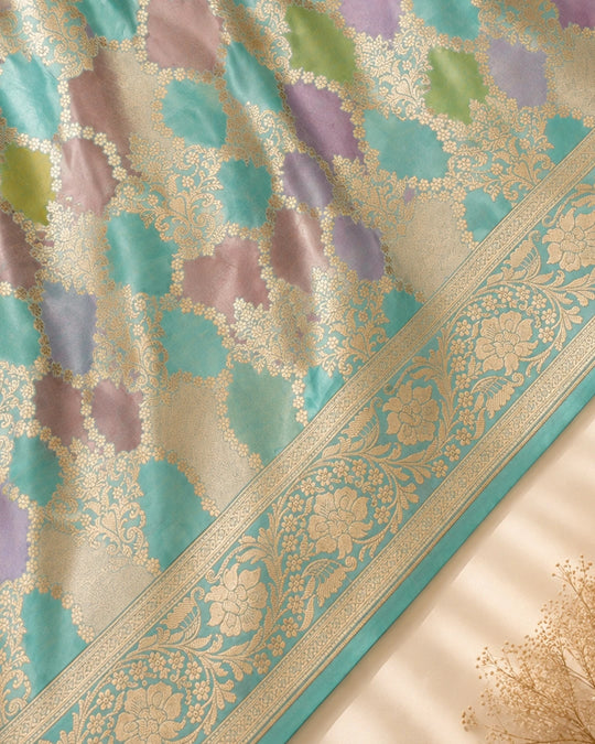 Turquoise Pure Katan Saree with Rangkat Jaal Weaves