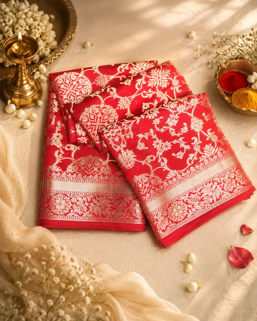 Red Pure Banarasi Saree with Gold Zari Floral Jaal