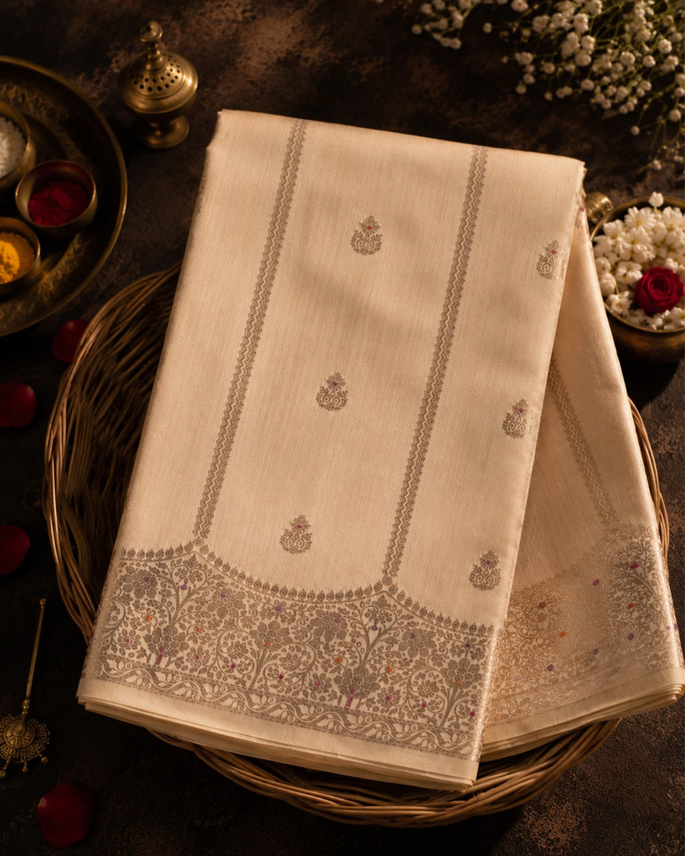 Pearl Beige Pure Banarasi Saree with Butis & Chevron Stripe Weaving