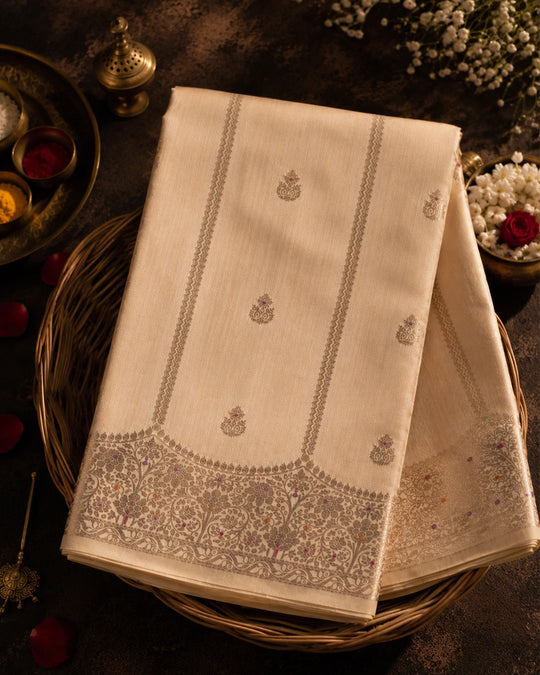 Pearl Beige Pure Banarasi Saree with Butis & Chevron Stripe Weaving
