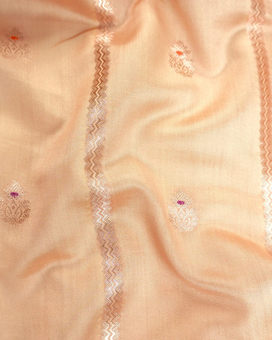 Pearl Beige Pure Banarasi Saree with Butis & Chevron Stripe Weaving