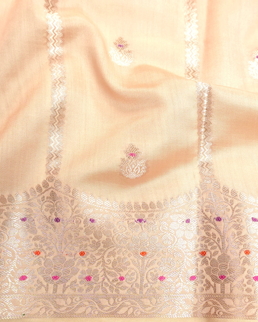 Ivory Beige Pure Banarasi Saree with Lining Weaves and Meenakari Border