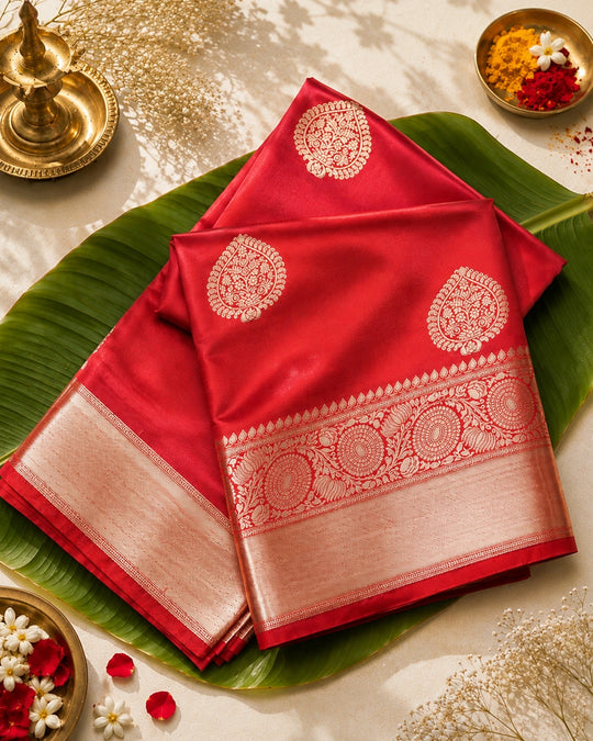 Red Pure Banarasi Saree with Ornate Paisley Buta Weaves