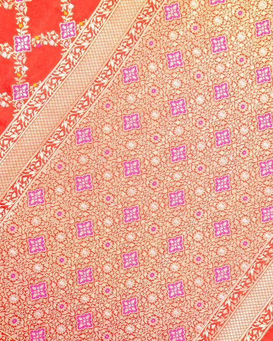 Red Pure Katan Saree with Meenakari Diamond Jaal Weave