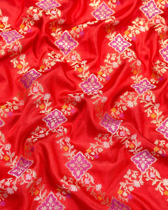 Red Pure Katan Saree with Meenakari Diamond Jaal Weave