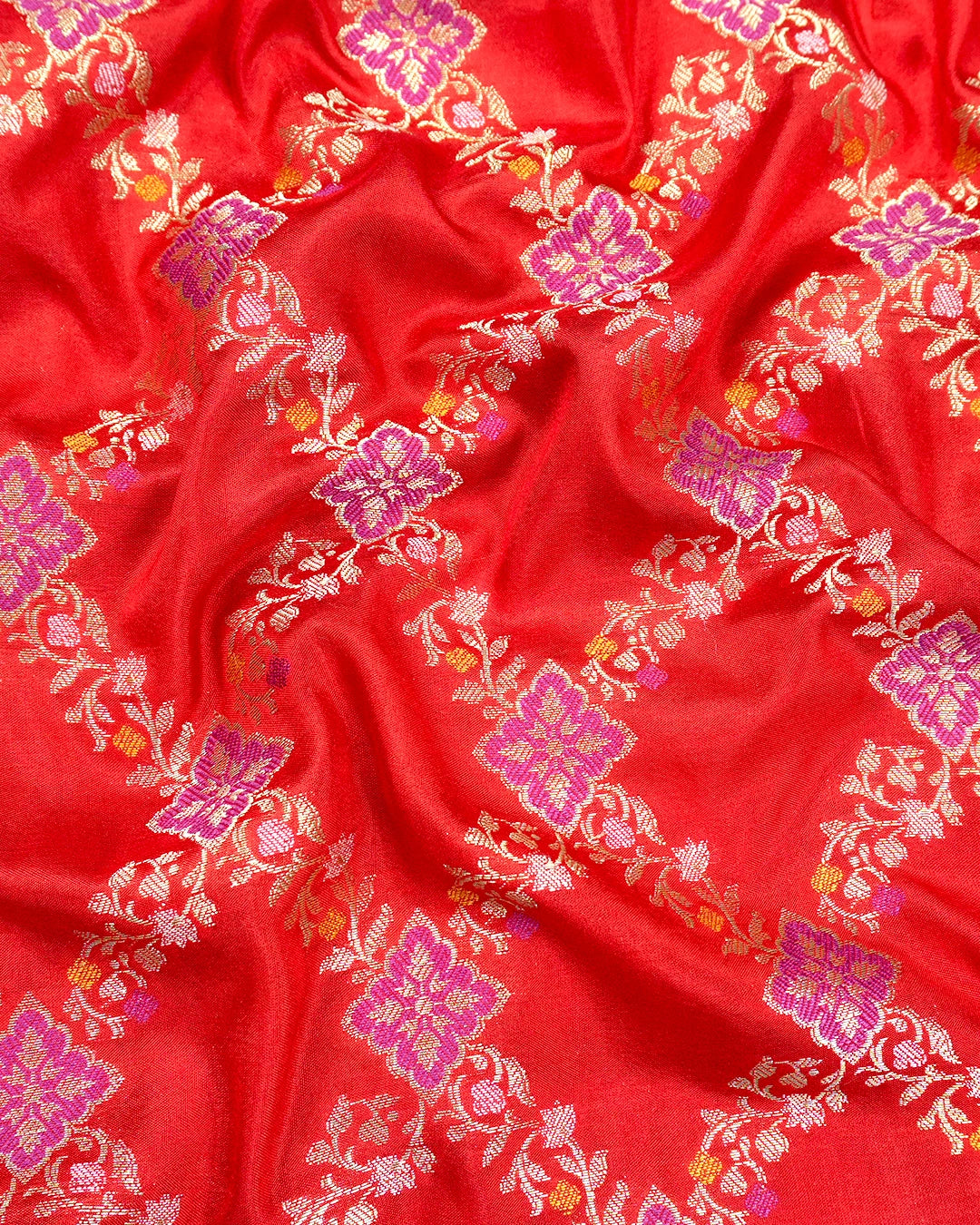 Red Pure Katan Saree with Meenakari Diamond Jaal Weave