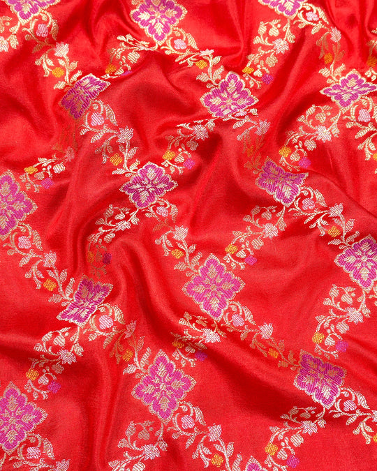 Red Pure Katan Saree with Meenakari Diamond Jaal Weave