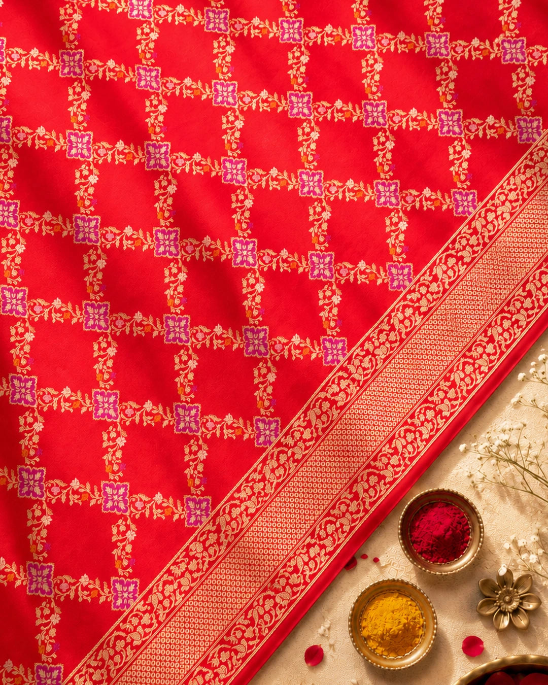 Red Pure Katan Saree with Meenakari Diamond Jaal Weave