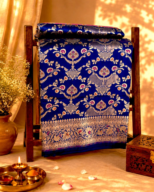 Blue Pure Katan Saree with Multihued Botanical Meena Weaves