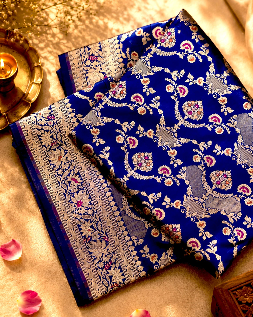 Blue Pure Katan Saree with Multihued Botanical Meena Weaves