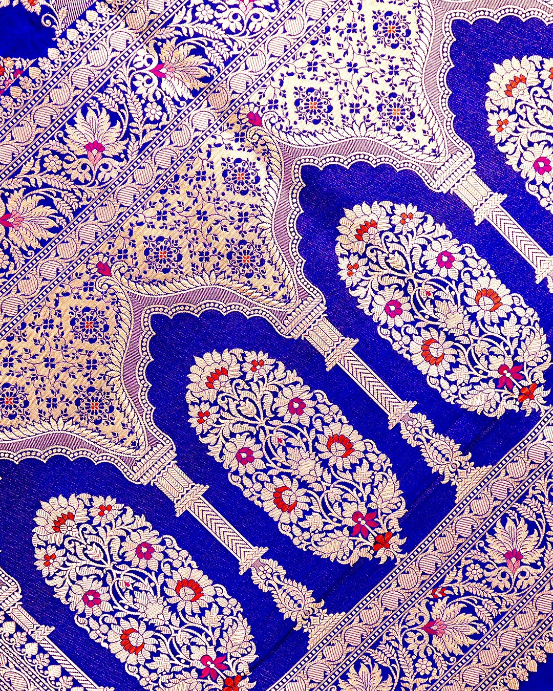 Blue Pure Katan Saree with Multihued Botanical Meena Weaves