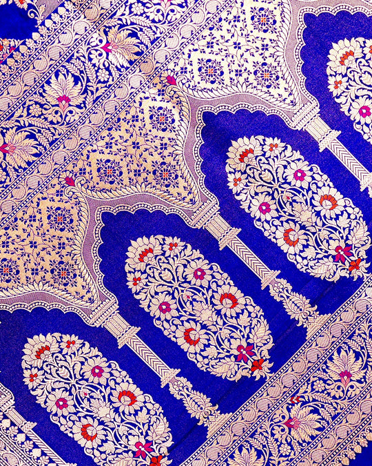 Blue Pure Katan Saree with Multihued Botanical Meena Weaves