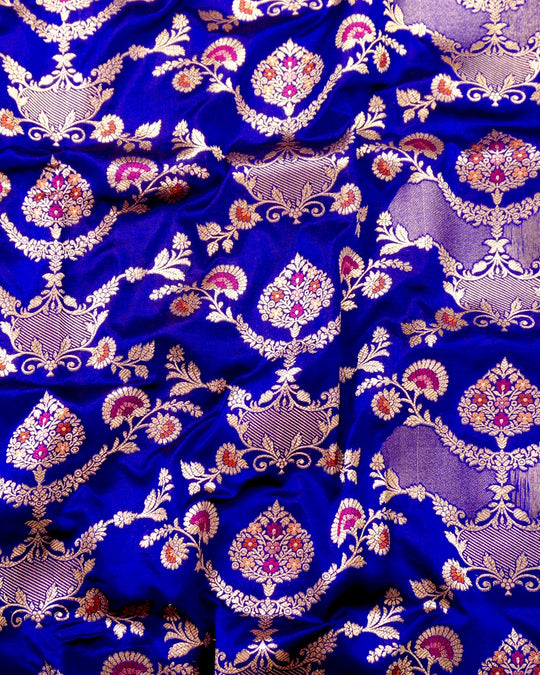 Blue Pure Katan Saree with Multihued Botanical Meena Weaves