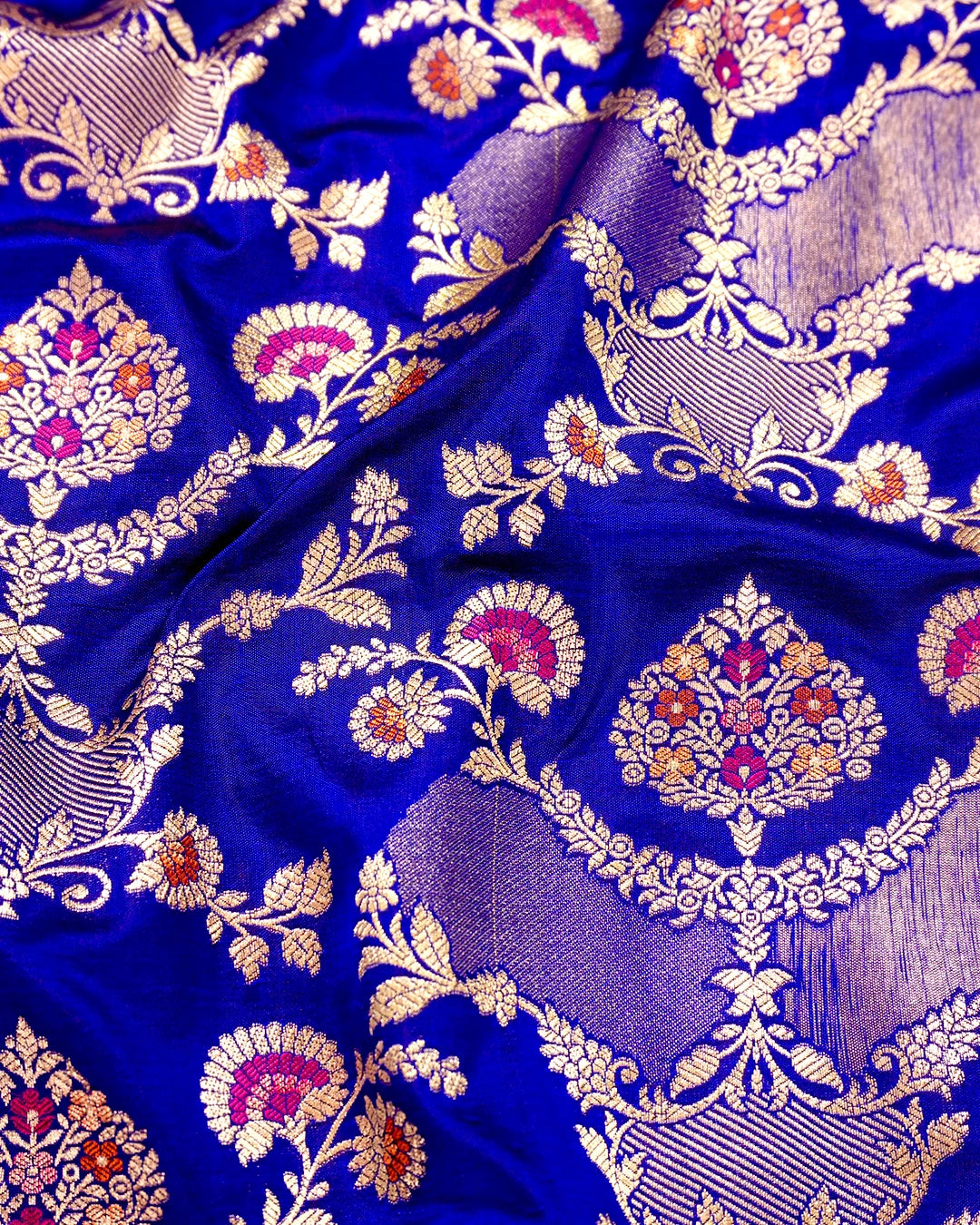 Blue Pure Katan Saree with Multihued Botanical Meena Weaves