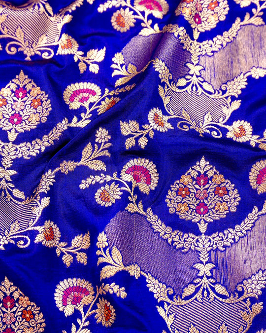 Blue Pure Katan Saree with Multihued Botanical Meena Weaves