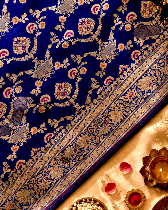 Blue Pure Katan Saree with Multihued Botanical Meena Weaves