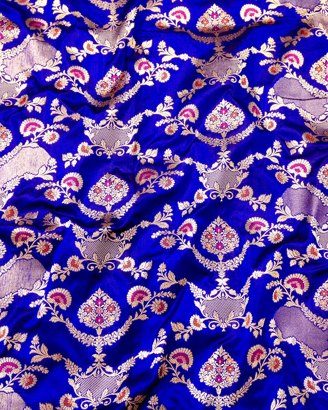 Blue Pure Katan Saree with Multihued Botanical Meena Weaves