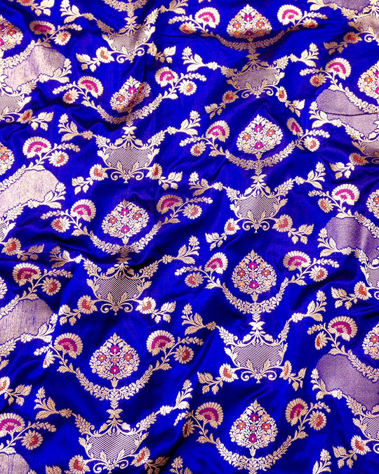 Blue Pure Katan Saree with Multihued Botanical Meena Weaves