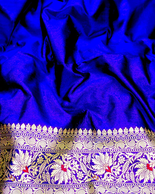 Blue Pure Katan Saree with Multihued Botanical Meena Weaves