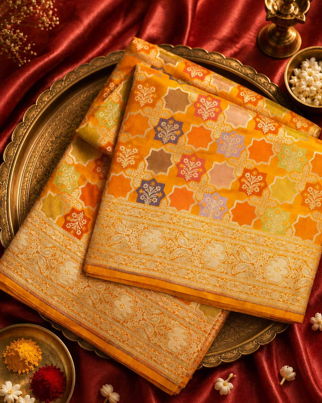 Marigold Pure Katan Saree Featuring Artistic Medallion Floral Weaves