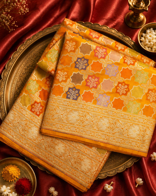 Marigold Pure Katan Saree Featuring Artistic Medallion Floral Weaves