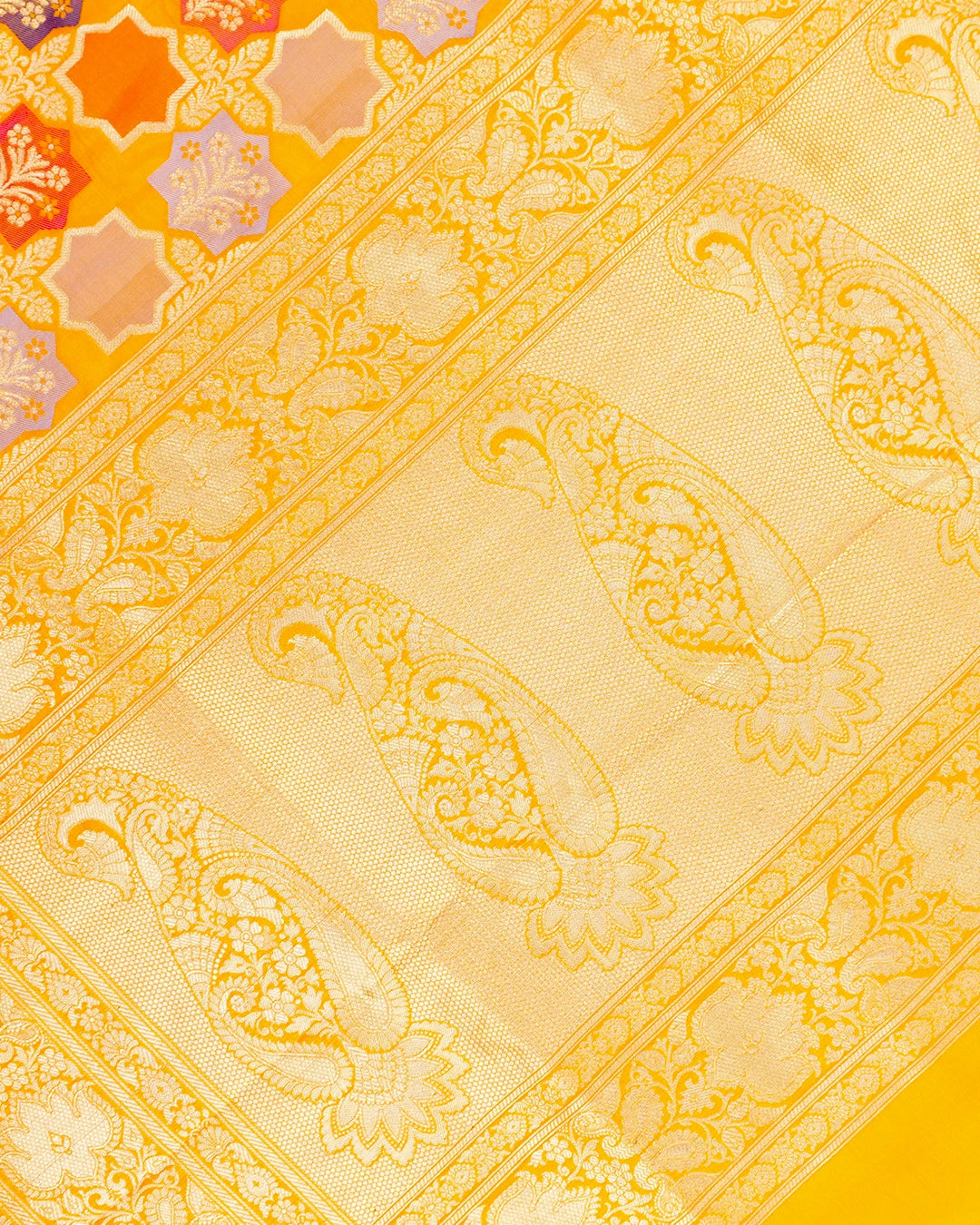 Sunset Marigold Pure Katan Saree with Multicolour Floral Mosaic Weaving