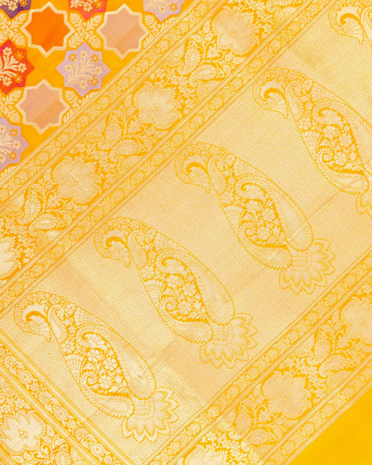 Sunset Marigold Pure Katan Saree with Multicolour Floral Mosaic Weaving