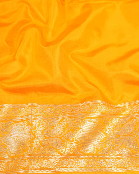 Marigold Pure Katan Saree Featuring Artistic Medallion Floral Weaves