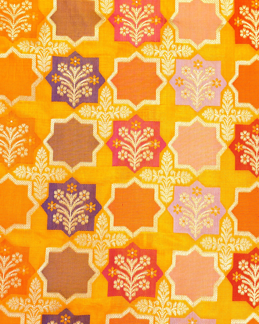 Marigold Pure Katan Saree Featuring Artistic Medallion Floral Weaves