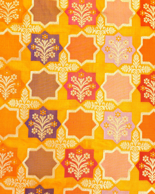 Marigold Pure Katan Saree Featuring Artistic Medallion Floral Weaves