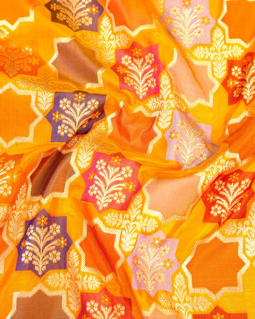 Marigold Pure Katan Saree Featuring Artistic Medallion Floral Weaves