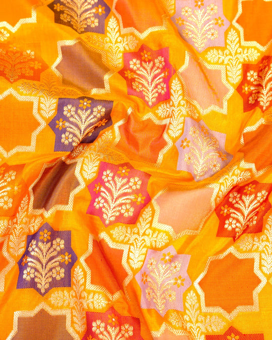 Marigold Pure Katan Saree Featuring Artistic Medallion Floral Weaves