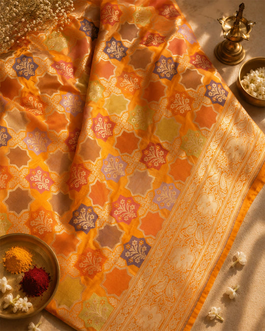 Marigold Pure Katan Saree Featuring Artistic Medallion Floral Weaves
