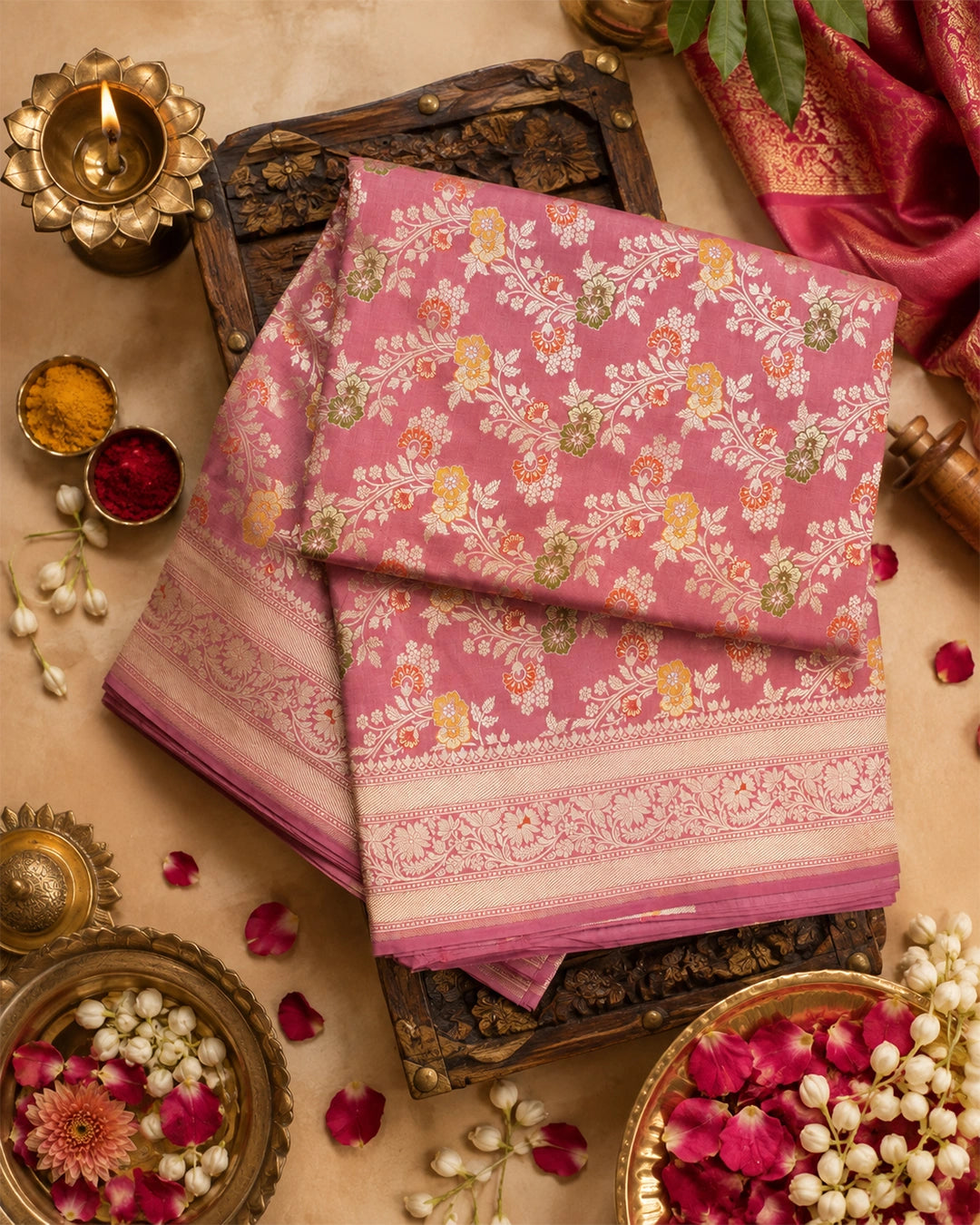 Rosewood Pink Floral Meenakari Pure Katan Saree