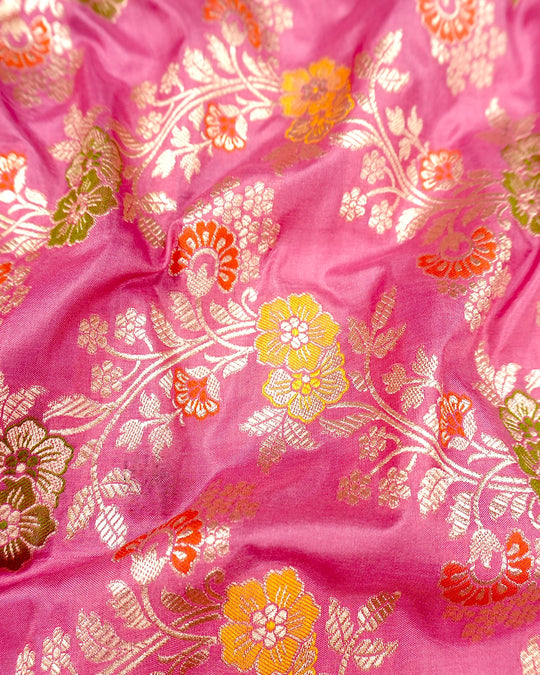 Rosewood Pink Floral Meenakari Pure Katan Saree