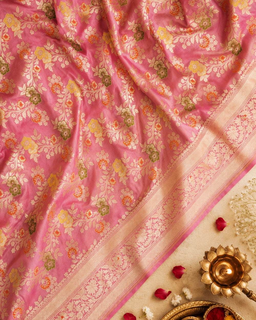 Rosewood Pink Floral Meenakari Pure Katan Saree