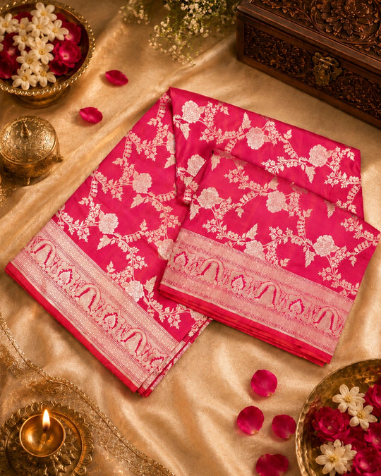 Rani Pink Pure Katan Saree with Floral Jaal Weave
