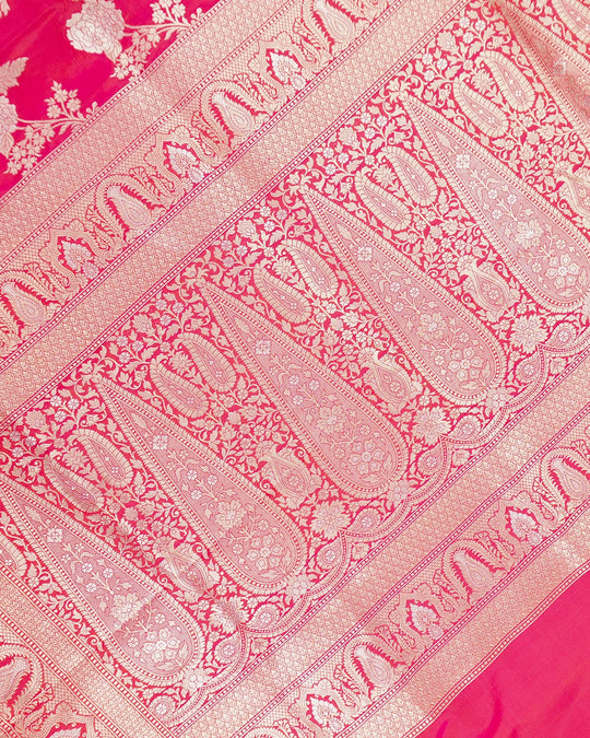Rani Pink Pure Katan Saree with Floral Jaal Weave