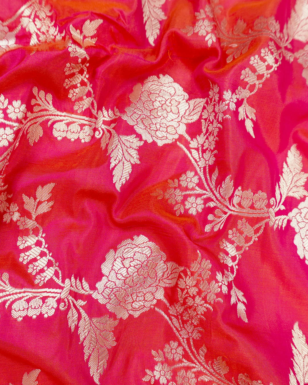 Rani Pink Pure Katan Saree with Floral Jaal Weave
