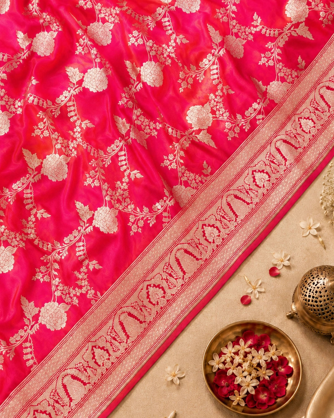 Rani Pink Pure Katan Saree with Floral Jaal Weave