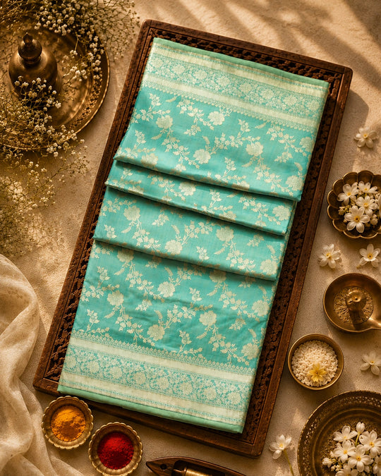 Aqua Turquoise Pure Katan Saree with Floral Jaal
