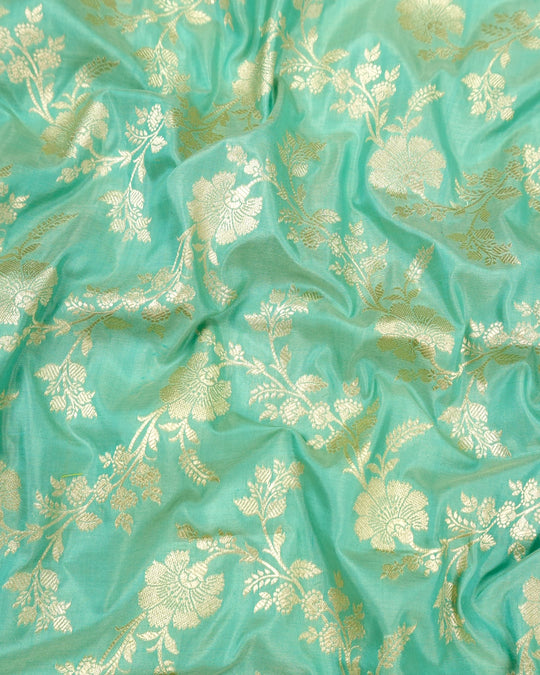 Aqua Turquoise Pure Katan Saree with Floral Jaal