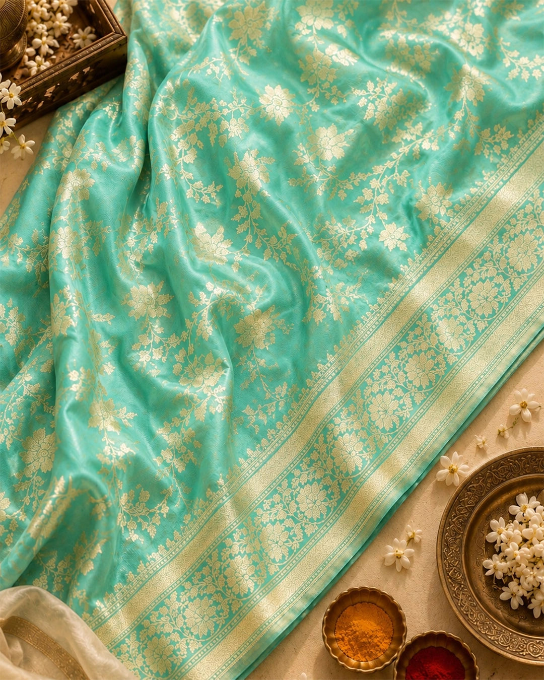 Aqua Turquoise Pure Katan Saree with Floral Jaal