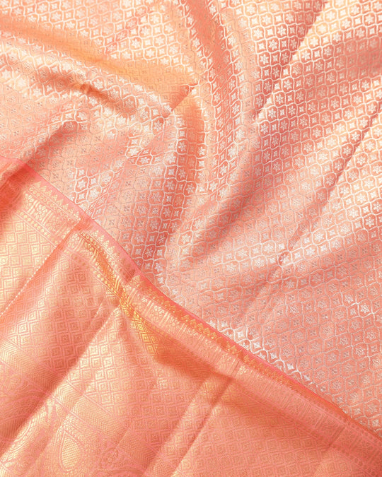 Peach Pink Pure Banarasi Silk Saree with Floral Jaal Weaving