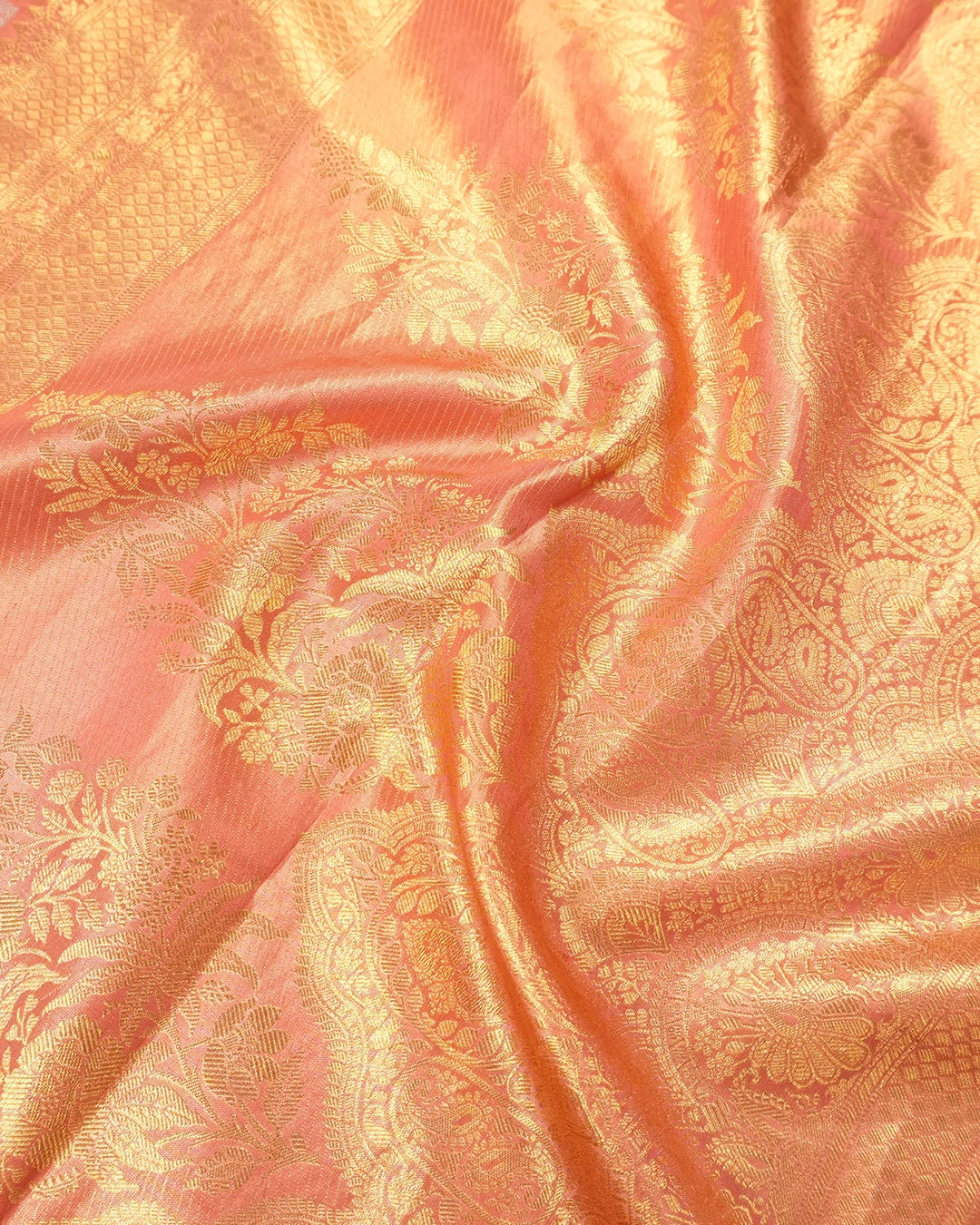 Peach Pink Pure Banarasi Silk Saree with Floral Jaal Weaving
