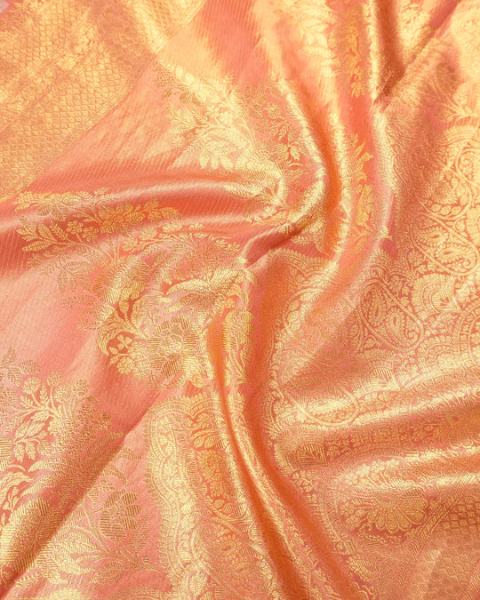 Peach Pink Pure Banarasi Silk Saree with Floral Jaal Weaving