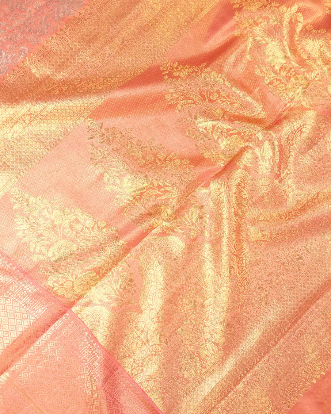 Peach Pink Pure Banarasi Silk Saree with Floral Jaal Weaving