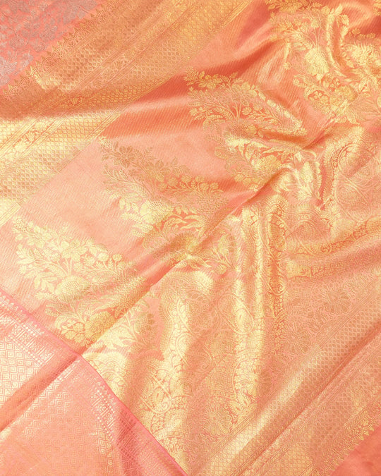 Peach Pink Pure Banarasi Silk Saree with Floral Jaal Weaving