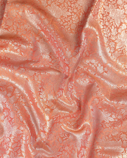 Peach Pink Pure Banarasi Silk Saree with Floral Jaal Weaving