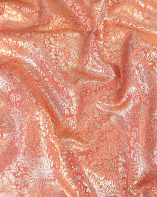 Peach Pink Pure Banarasi Silk Saree with Floral Jaal Weaving